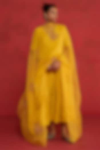 Yellow Silk Zardosi Embroidered Kurta Set by Rhua at Pernia's Pop Up Shop