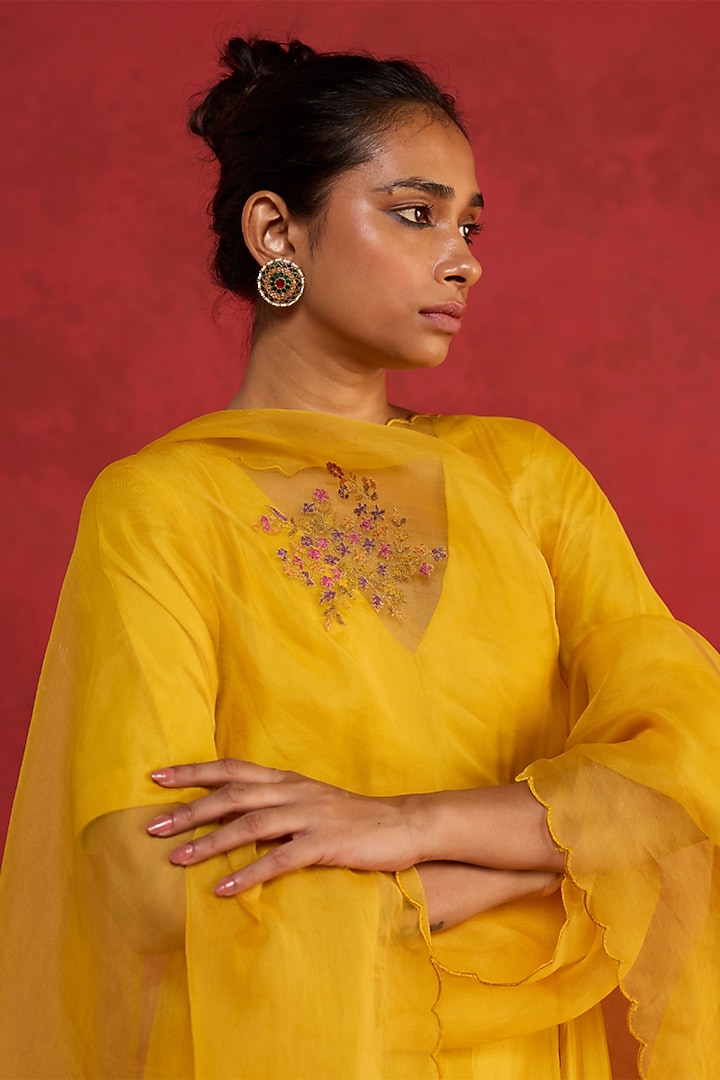 Yellow Silk Zardosi Embroidered Kurta Set by Rhua at Pernia's Pop Up Shop