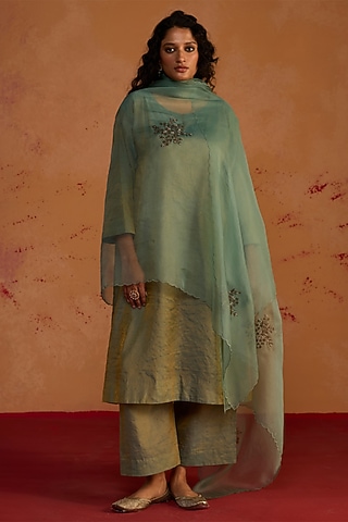 Blue-Green Banarasi Tissue Zardosi Embroidered Kurta Set by Rhua