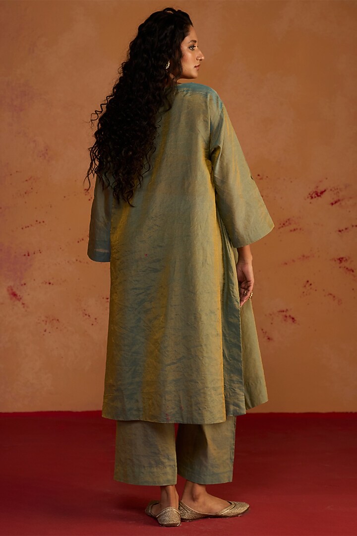 Blue-Green Banarasi Tissue Zardosi Embroidered Kurta Set by Rhua at Pernia's Pop Up Shop