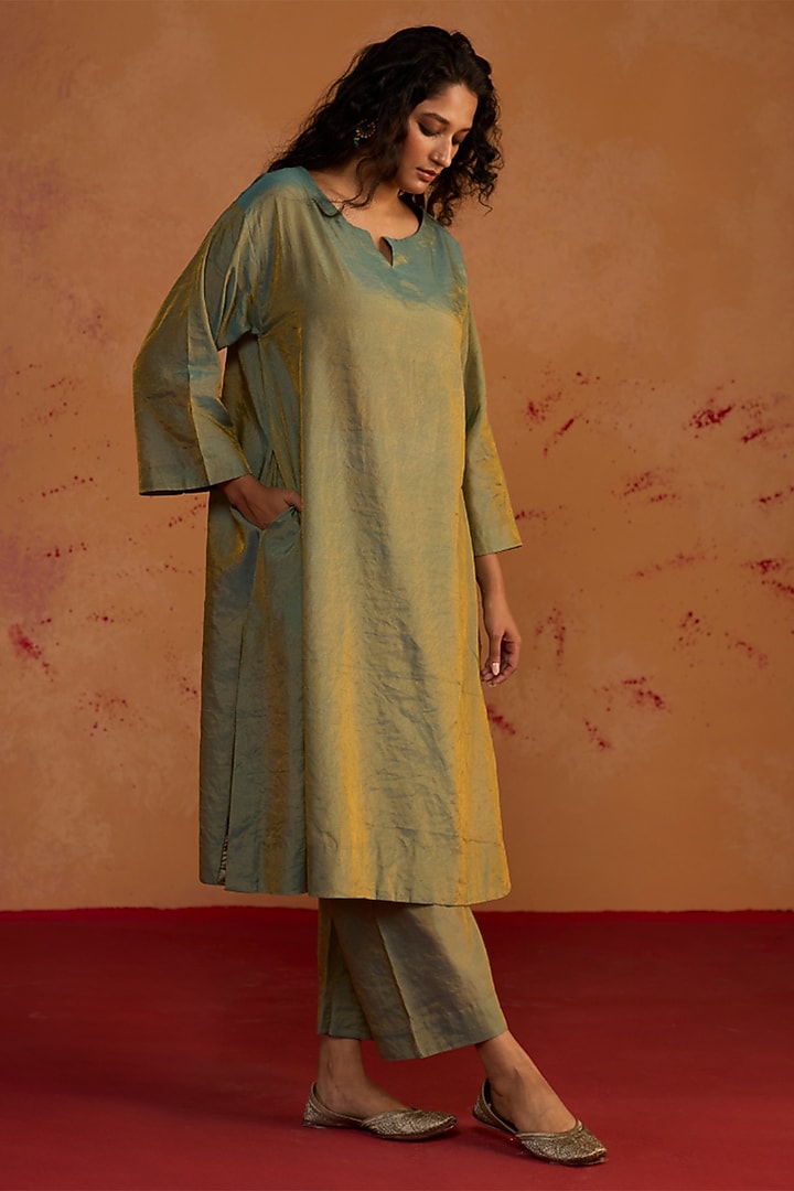Blue-Green Banarasi Tissue Zardosi Embroidered Kurta Set by Rhua at Pernia's Pop Up Shop