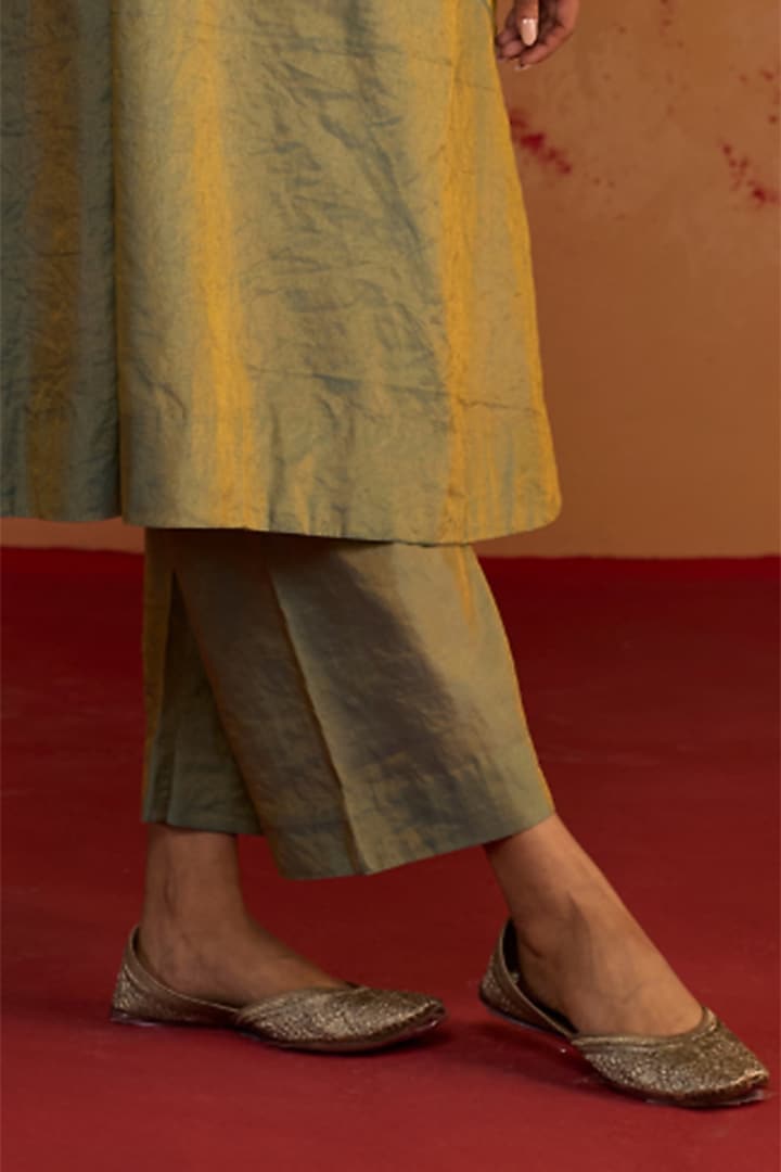 Blue-Green Banarasi Tissue Zardosi Embroidered Kurta Set by Rhua at Pernia's Pop Up Shop