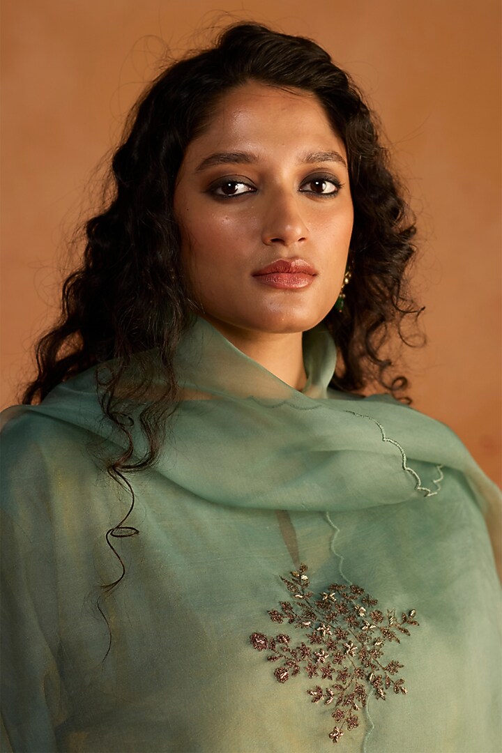 Blue-Green Banarasi Tissue Zardosi Embroidered Kurta Set by Rhua at Pernia's Pop Up Shop