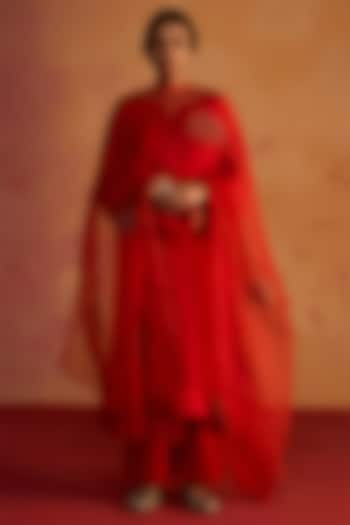 Red Pure Silk Zardosi Embroidered Kurta Set by Rhua at Pernia's Pop Up Shop
