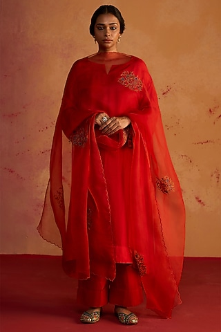 Red Pure Silk Zardosi Embroidered Kurta Set by Rhua
