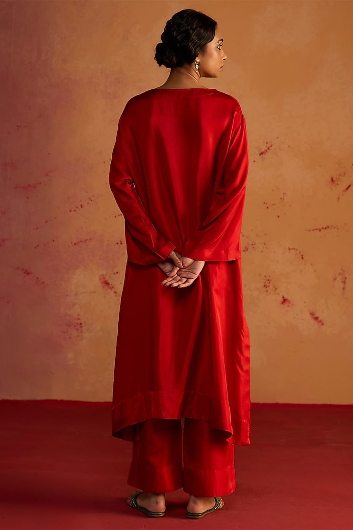 Red Pure Silk Zardosi Embroidered Kurta Set by Rhua at Pernia's Pop Up Shop