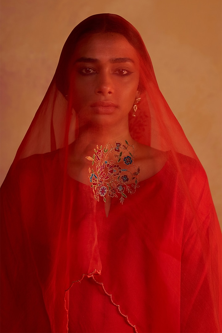 Red Pure Silk Zardosi Embroidered Kurta Set by Rhua at Pernia's Pop Up Shop