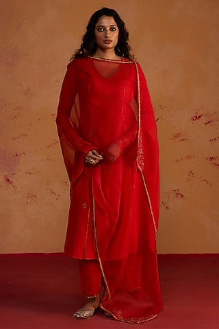 Burnt Orange Silk Zardosi Embroidered Kurta Set by Rhua