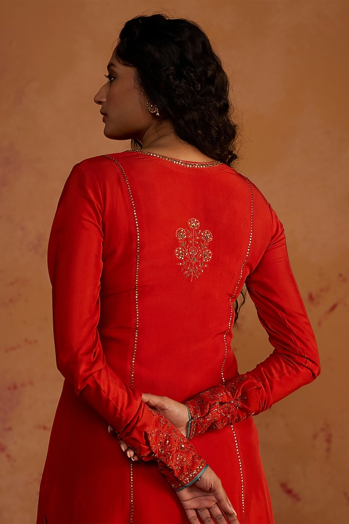 Burnt Orange Silk Zardosi Embroidered Kurta Set by Rhua at Pernia's Pop Up Shop
