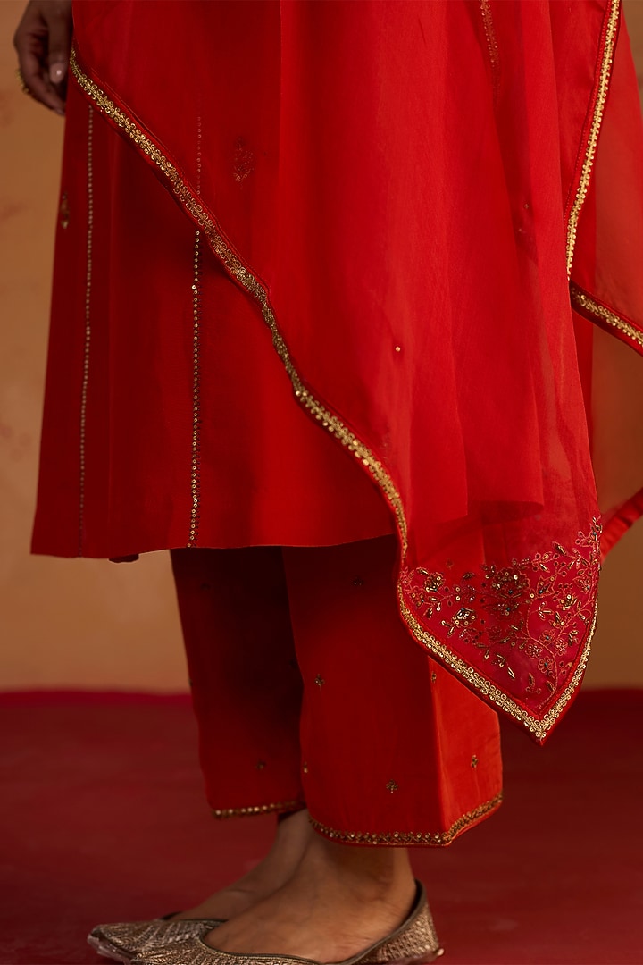 Burnt Orange Silk Zardosi Embroidered Kurta Set by Rhua at Pernia's Pop Up Shop