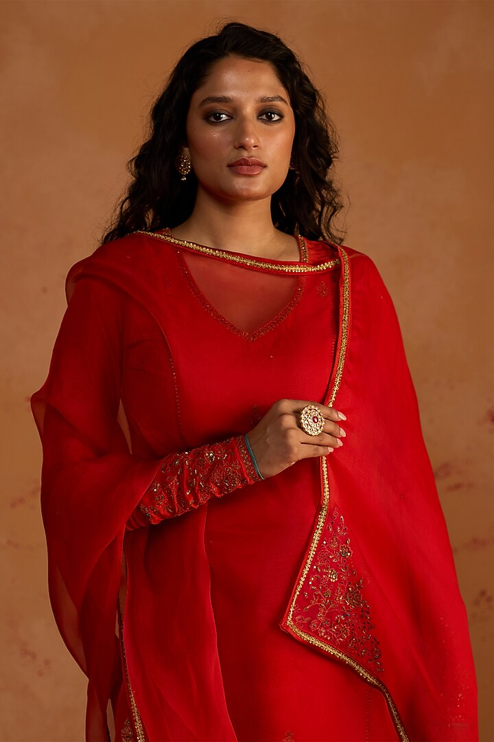 Burnt Orange Silk Zardosi Embroidered Kurta Set by Rhua at Pernia's Pop Up Shop