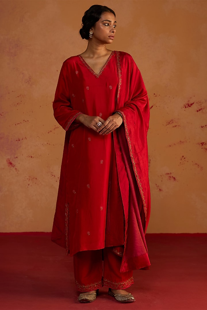 Red Pure Silk Zardosi Embroidered Kurta Set by Rhua at Pernia's Pop Up Shop