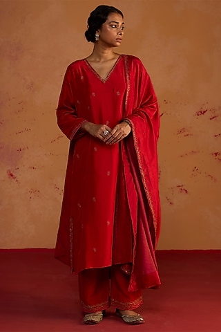 Red Pure Silk Zardosi Embroidered Kurta Set by Rhua