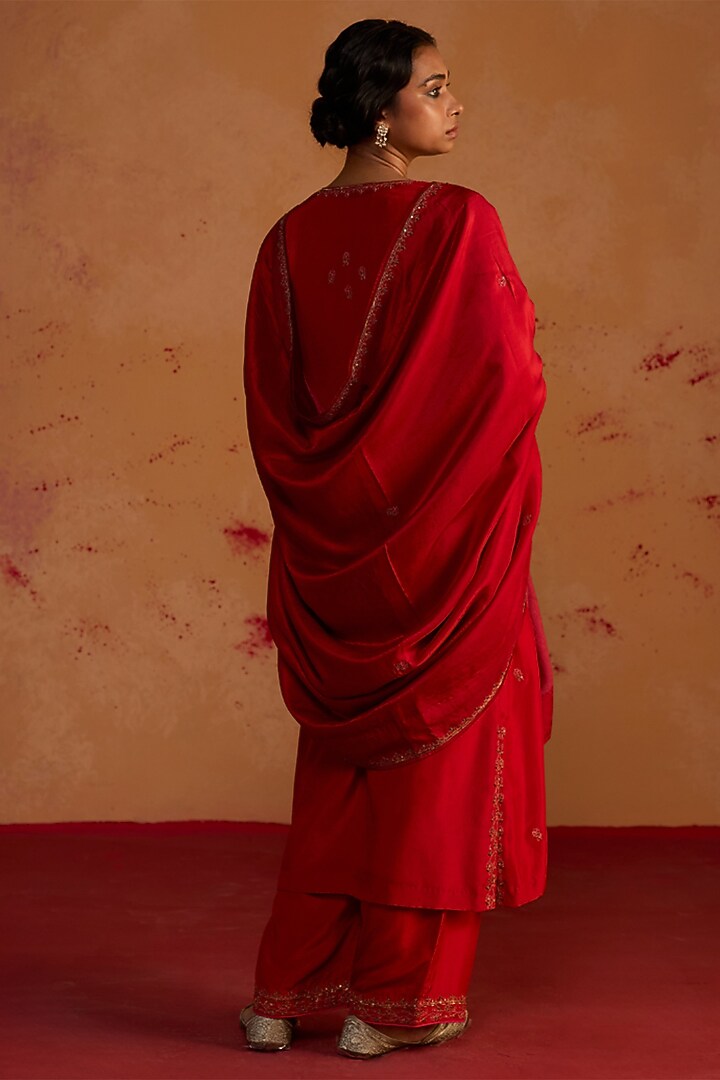 Red Pure Silk Zardosi Embroidered Kurta Set by Rhua at Pernia's Pop Up Shop