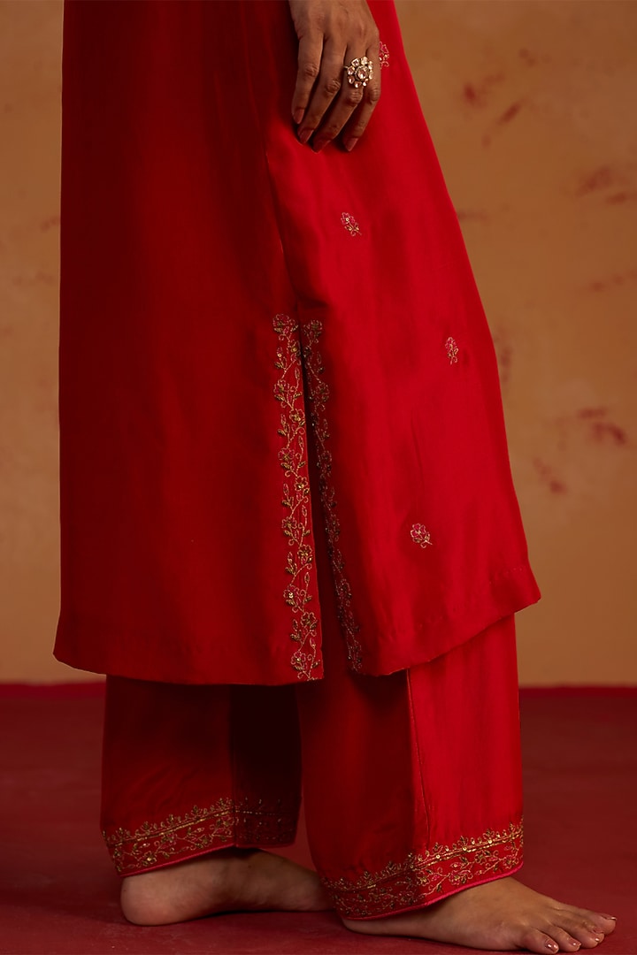 Red Pure Silk Zardosi Embroidered Kurta Set by Rhua at Pernia's Pop Up Shop