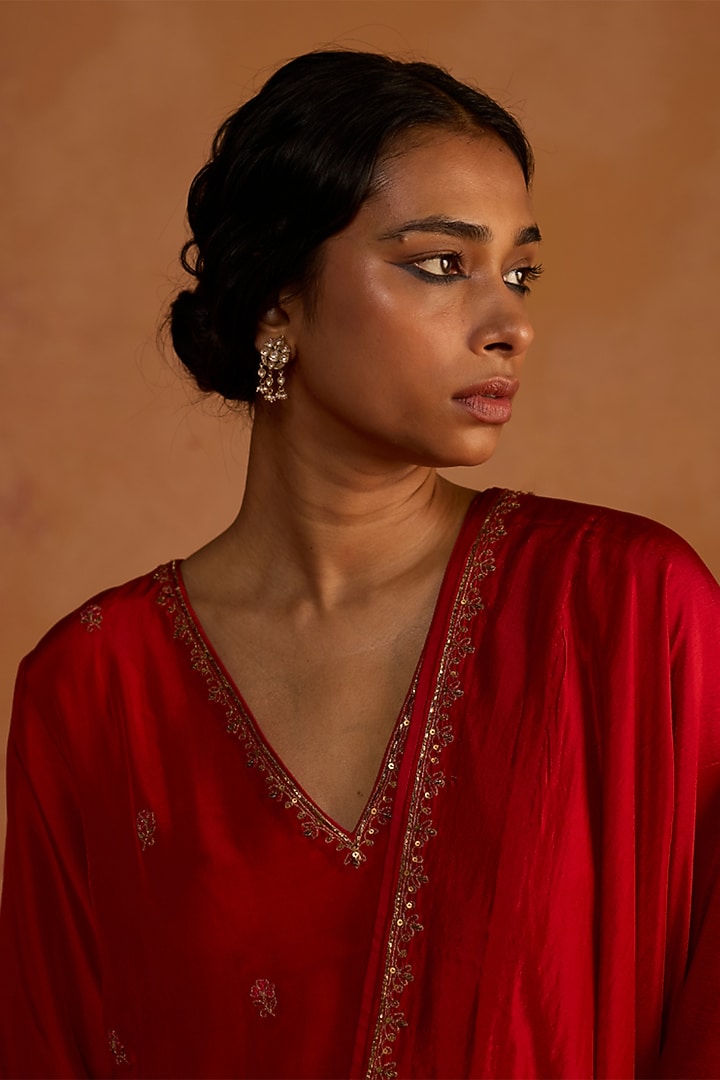 Red Pure Silk Zardosi Embroidered Kurta Set by Rhua at Pernia's Pop Up Shop