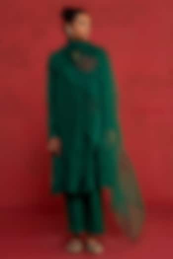 Bottle Green Handwoven Silk Aari Embroidered Kurta Set by Rhua at Pernia's Pop Up Shop