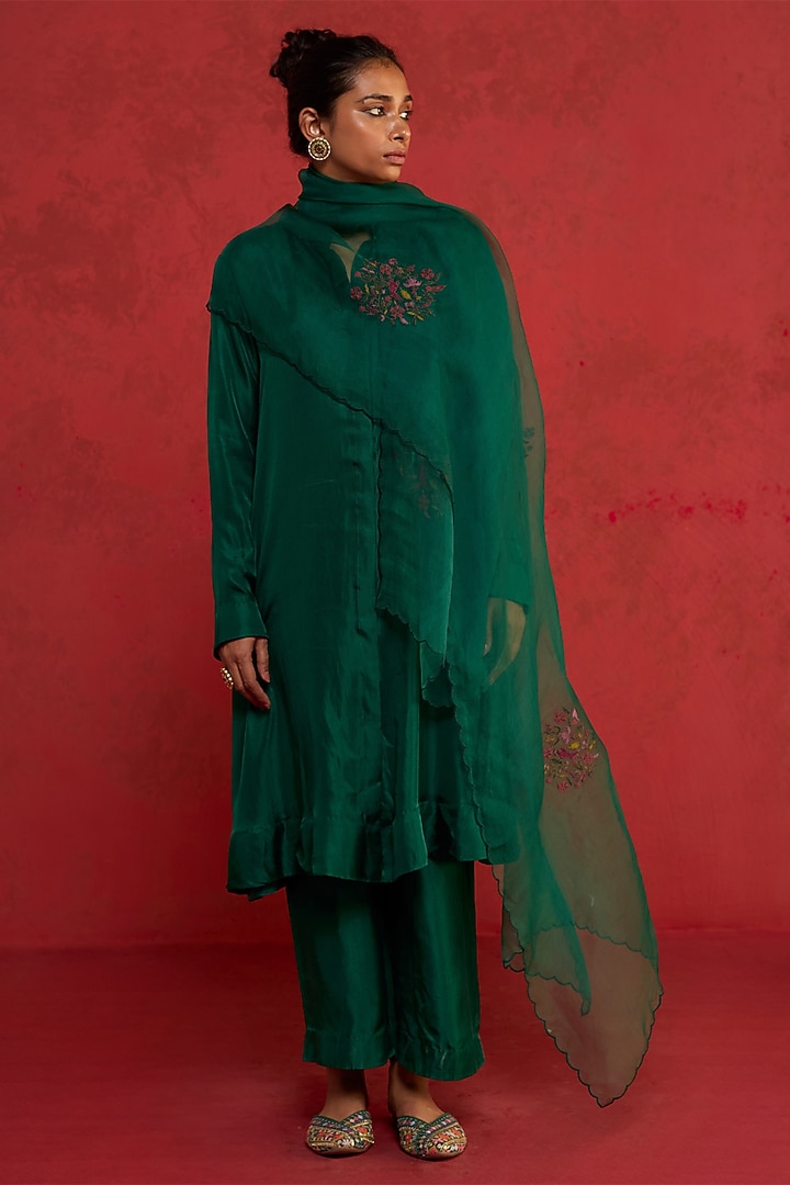 Bottle Green Handwoven Silk Aari Embroidered Kurta Set by Rhua at Pernia's Pop Up Shop