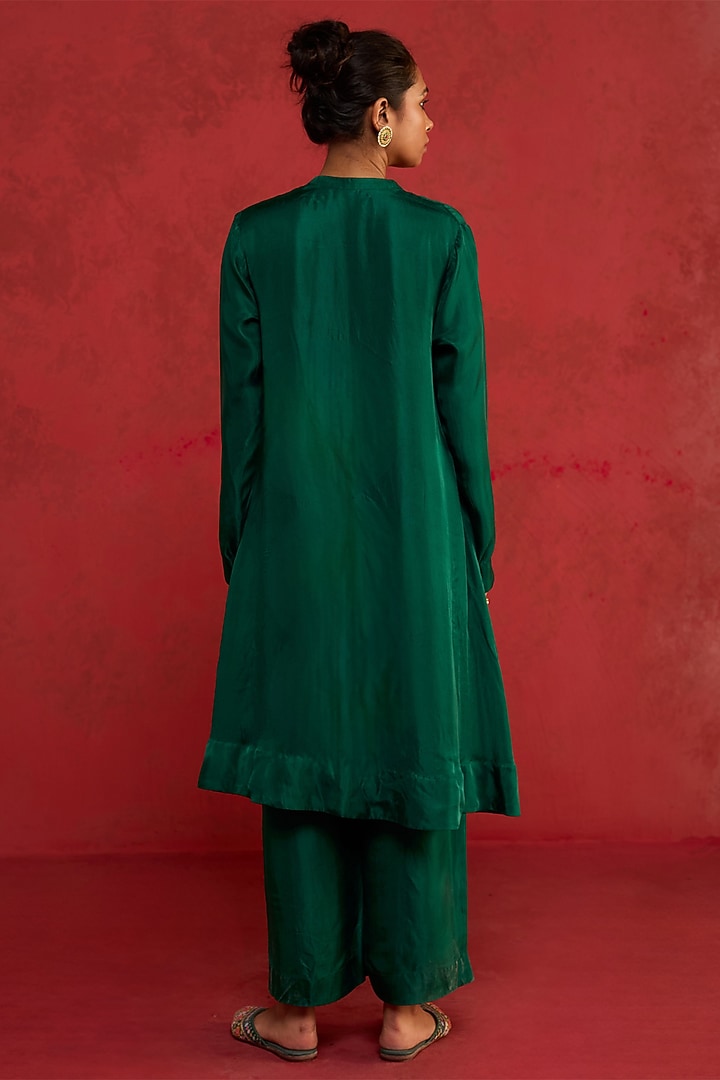 Bottle Green Handwoven Silk Aari Embroidered Kurta Set by Rhua at Pernia's Pop Up Shop