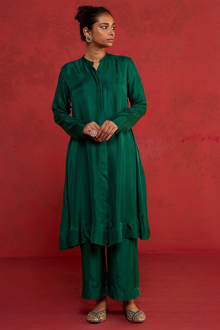 Bottle Green Handwoven Silk Aari Embroidered Kurta Set by Rhua at Pernia's Pop Up Shop