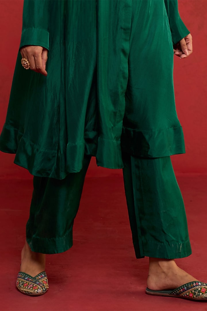 Bottle Green Handwoven Silk Aari Embroidered Kurta Set by Rhua at Pernia's Pop Up Shop