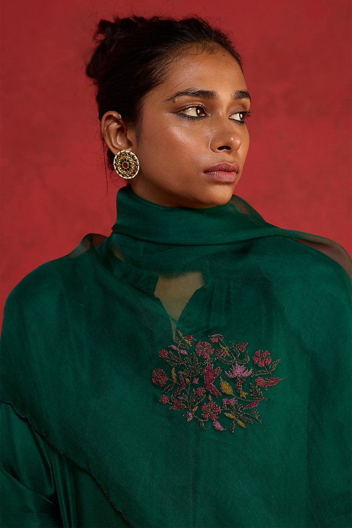 Bottle Green Handwoven Silk Aari Embroidered Kurta Set by Rhua at Pernia's Pop Up Shop