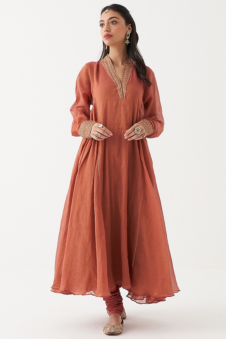 Rust Orange Chanderi Anarkali Set by Rhua at Pernia's Pop Up Shop