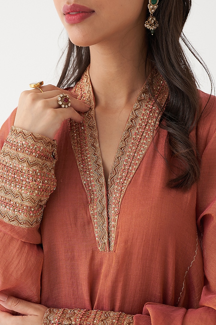 Rust Orange Chanderi Wedding Anarkali Set by Rhua at Pernia's Pop Up Shop