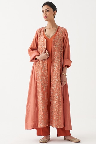 Peach Hand Embroidered Jacket Set by Rhua
