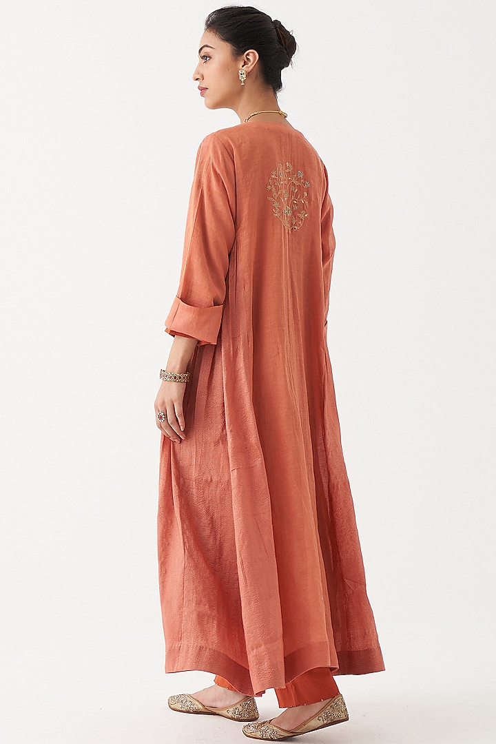 Peach Hand Embroidered Jacket Set by Rhua at Pernia's Pop Up Shop