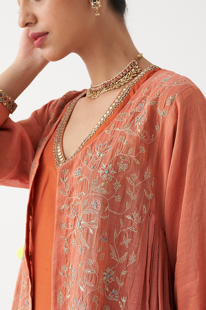 Peach Hand Embroidered Jacket Set by Rhua at Pernia's Pop Up Shop