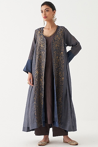 Blue Hand Embroidered Jacket Set by Rhua
