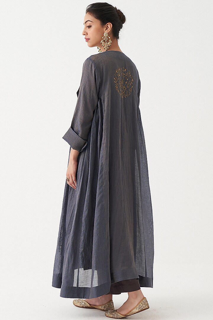 Blue Hand Embroidered Jacket Set by Rhua at Pernia's Pop Up Shop