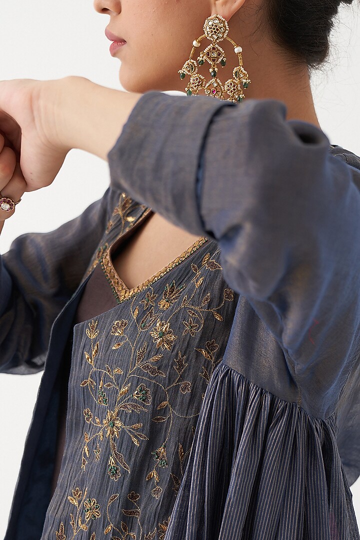 Blue Hand Embroidered Jacket Set by Rhua at Pernia's Pop Up Shop