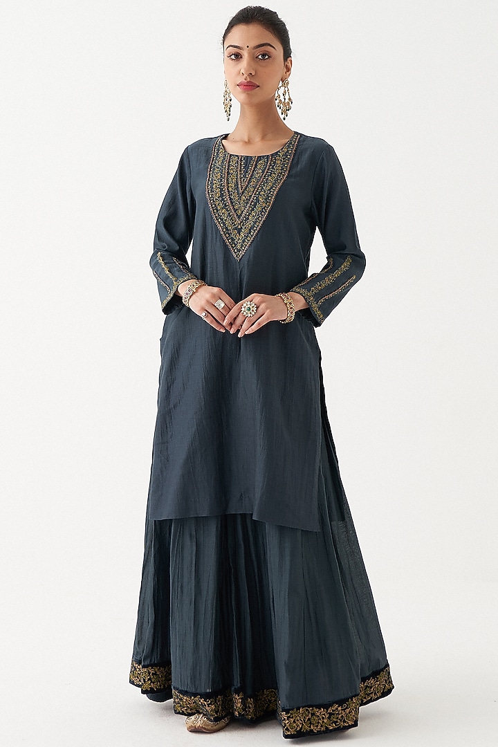Royal Blue Chanderi Silk Wedding Sharara Set by Rhua at Pernia's Pop Up Shop