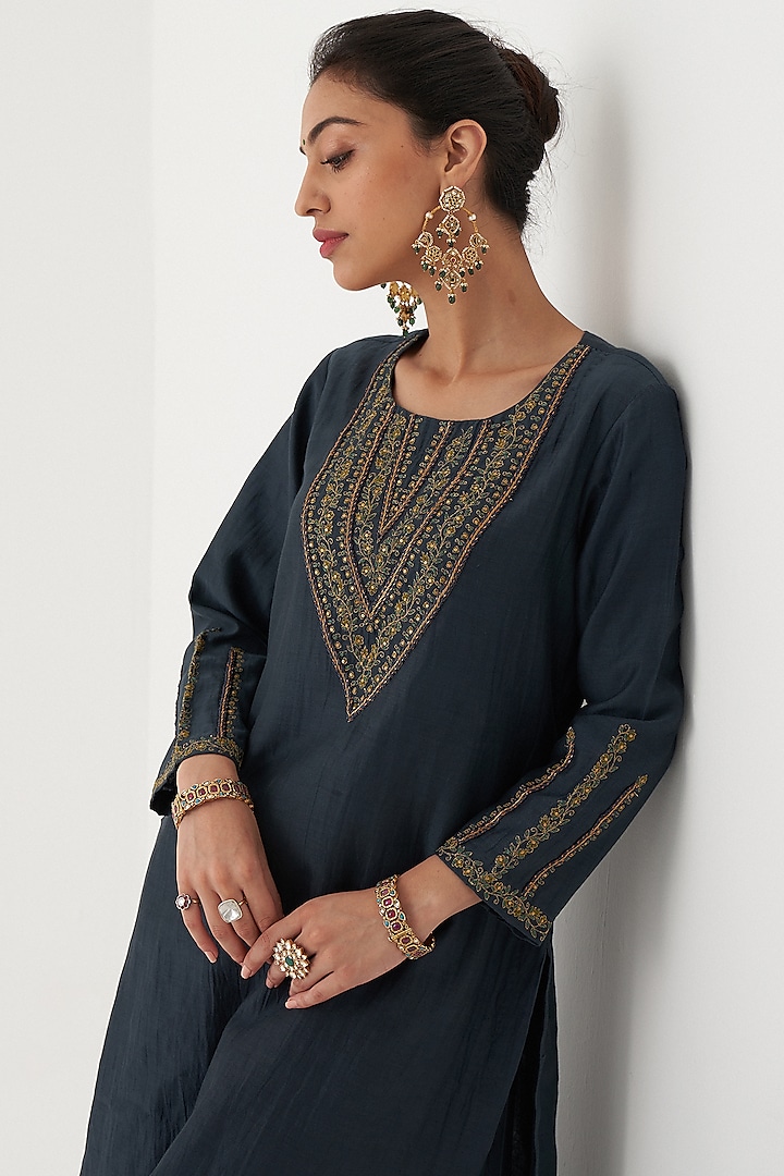 Royal Blue Chanderi Silk Wedding Sharara Set by Rhua at Pernia's Pop Up Shop