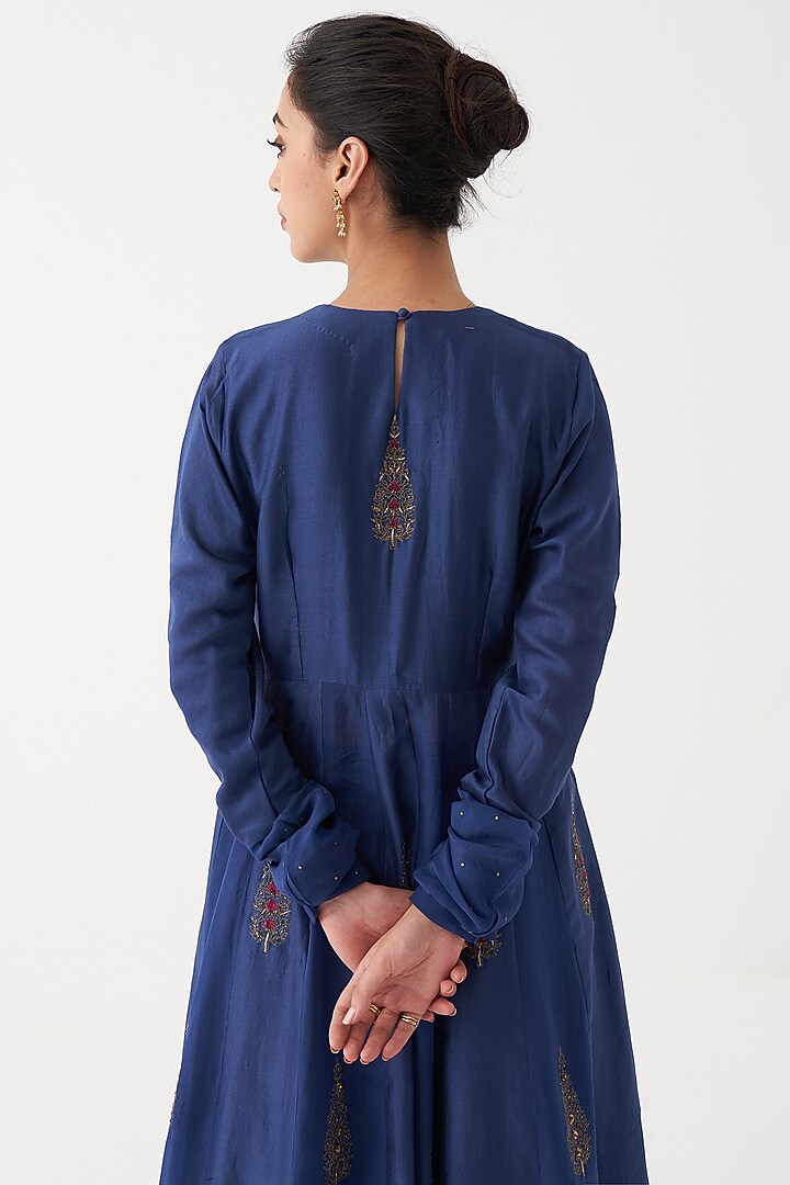 Blue Chanderi Silk Party Wear Anarkali Set by Rhua at Pernia's Pop Up Shop