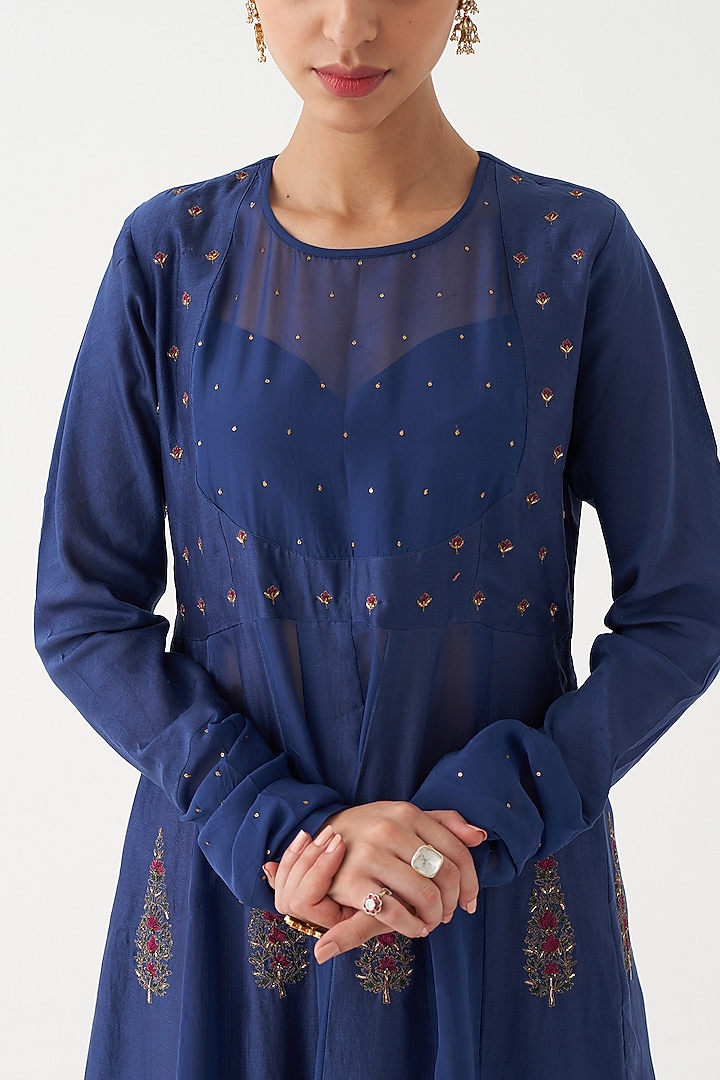 Blue Chanderi Silk Party Wear Anarkali Set by Rhua at Pernia's Pop Up Shop