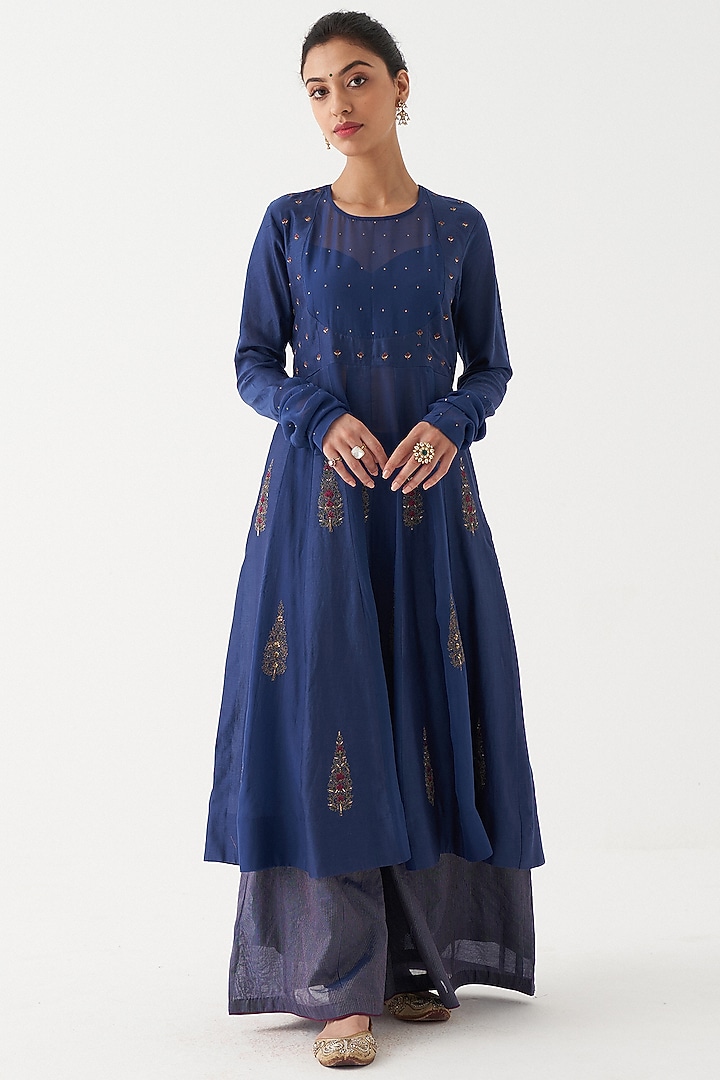 Blue Chanderi Silk Party Wear Anarkali Set by Rhua at Pernia's Pop Up Shop