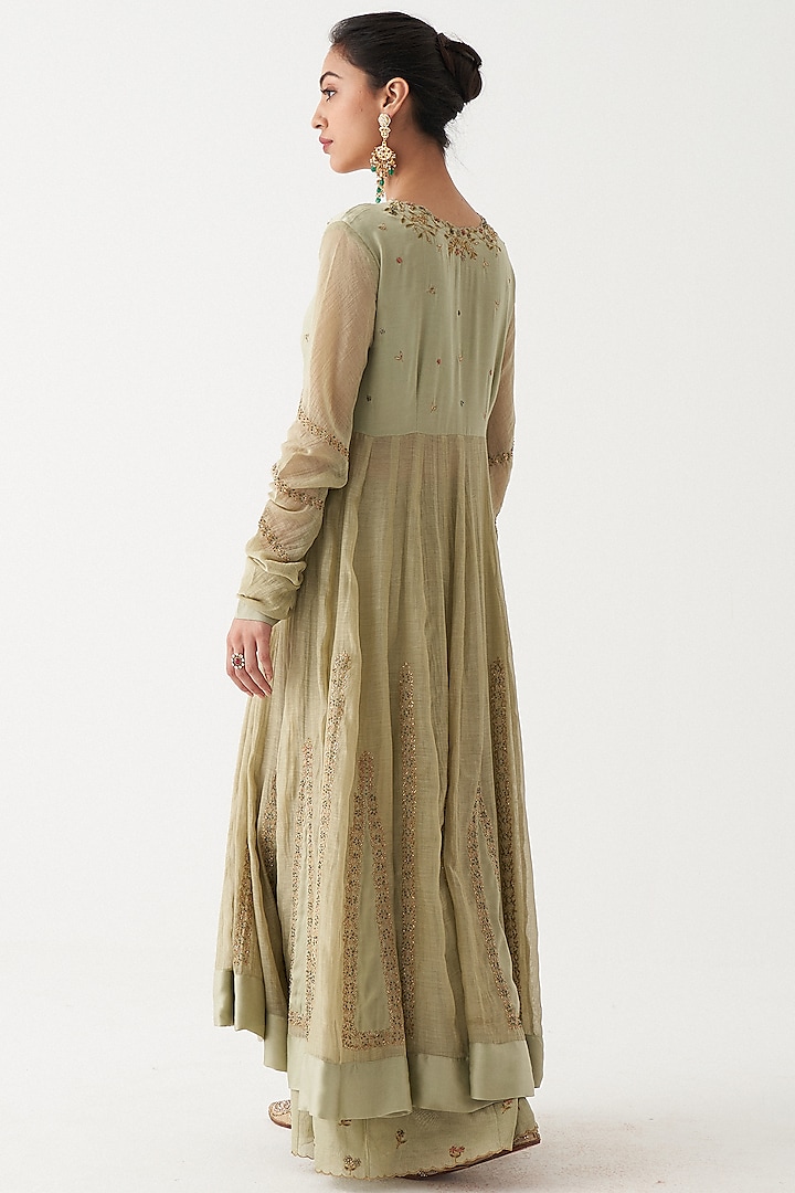 Pistachio Green Chanderi Silk Wedding Anarkali Set by Rhua at Pernia's Pop Up Shop