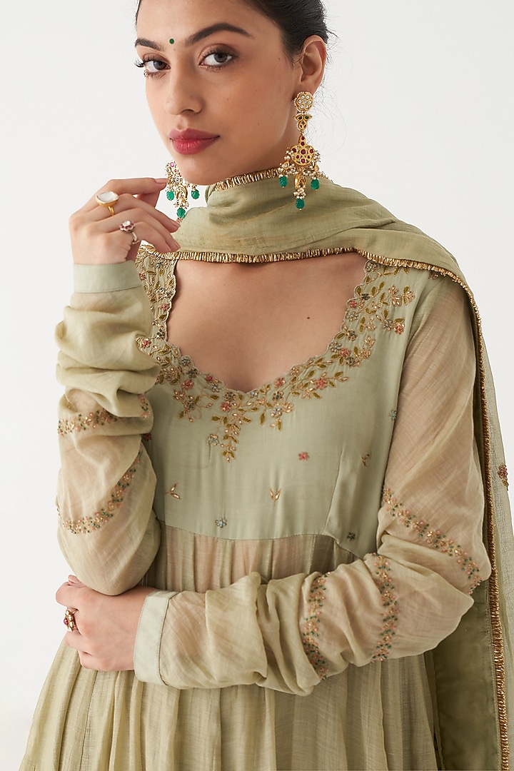Pistachio Green Chanderi Silk Wedding Anarkali Set by Rhua at Pernia's Pop Up Shop