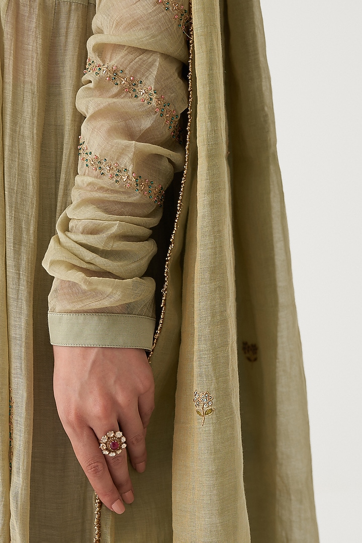 Pistachio Green Chanderi Silk Wedding Anarkali Set by Rhua at Pernia's Pop Up Shop