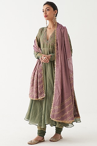 Pastel Green Tissue Chanderi Anarkali Set by Rhua