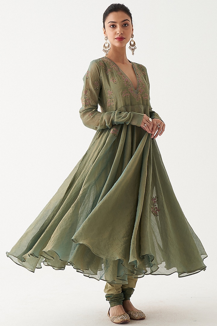 Pastel Green Tissue Chanderi Wedding Anarkali Set by Rhua at Pernia's Pop Up Shop