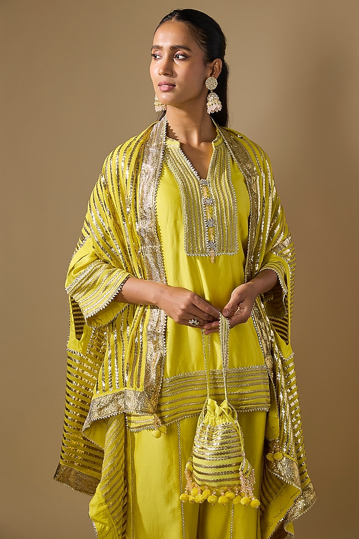 Yellow Chanderi Satin Embroidered & Printed Kurta Set by ROHIT VERMA at Pernia's Pop Up Shop