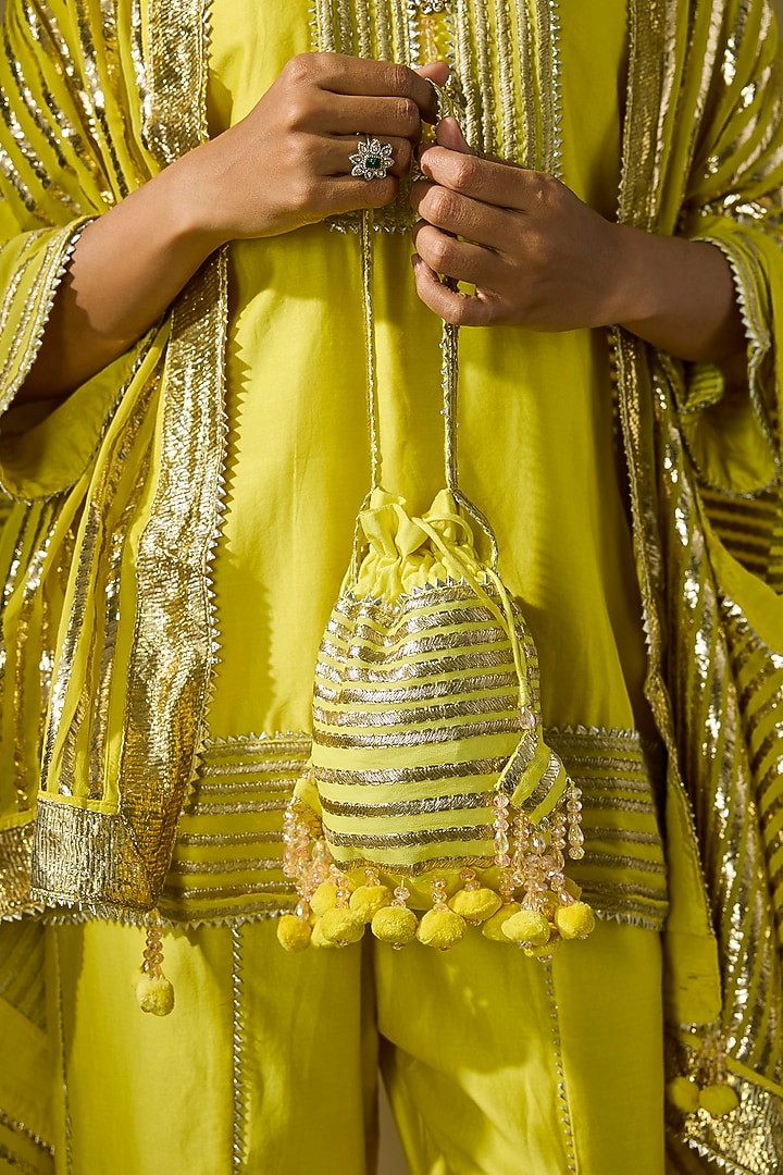 Yellow Chanderi Satin Embroidered & Printed Kurta Set by ROHIT VERMA at Pernia's Pop Up Shop