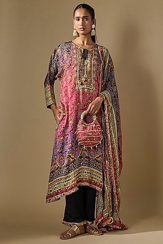 Pink Crepe Embroidered & Printed Kurta Set by ROHIT VERMA