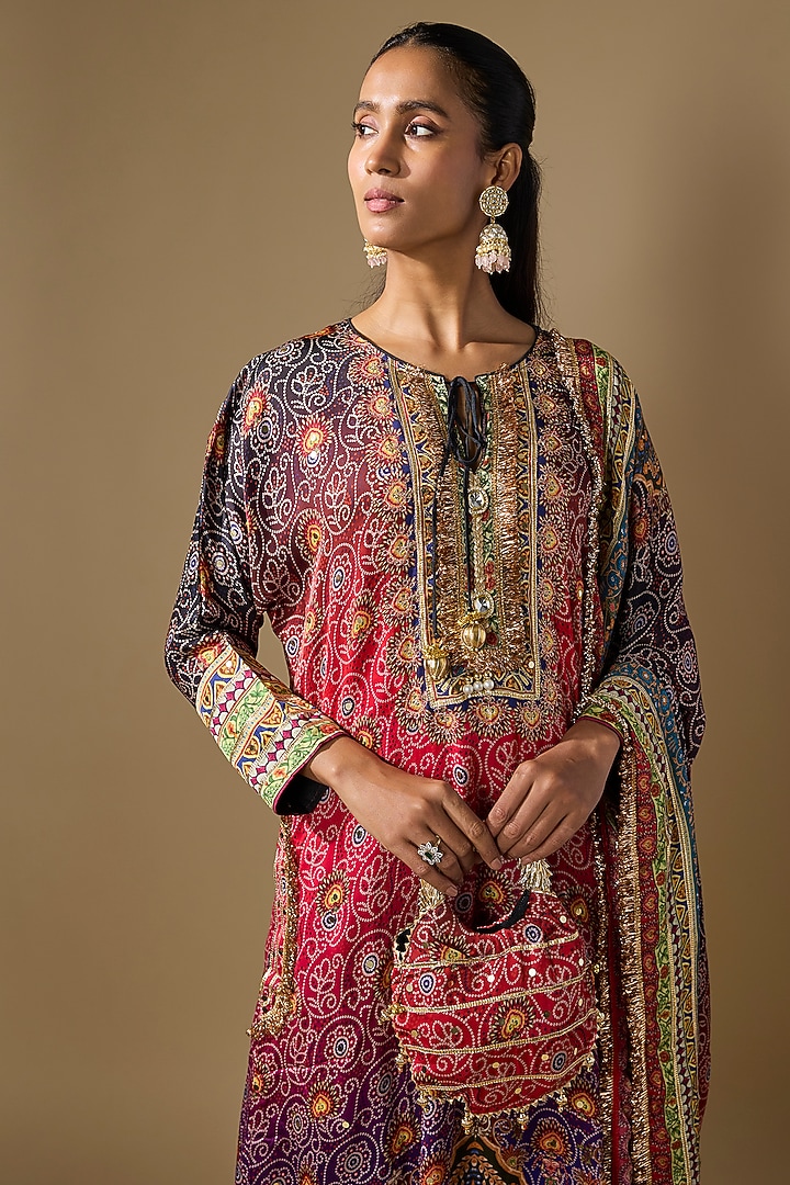 Pink Crepe Embroidered & Printed Kurta Set by ROHIT VERMA at Pernia's Pop Up Shop