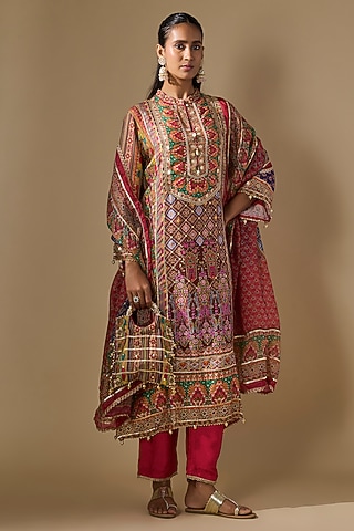 Multi-Colored Crepe Embroidered & Printed Kurta Set by ROHIT VERMA