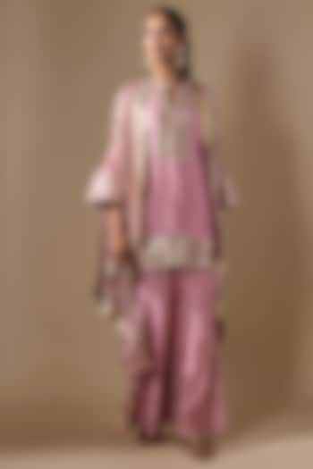 Pink Chanderi Satin Embroidered & Printed Kurta Set by ROHIT VERMA at Pernia's Pop Up Shop